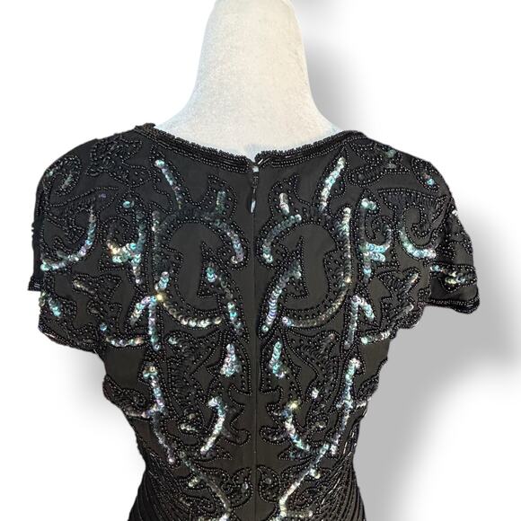 Vintage 80s Black Beaded Sequin Evening Gown Asymmetrical Hem Dress Column Maxi - Picture 8 of 10